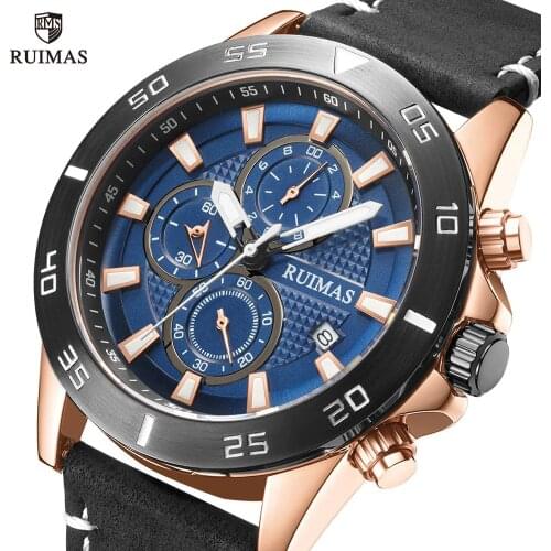 RUIMAS Mens Military Sports Watches Luxury Leather Strap Quartz Watch Men Top Brand Blue Dial Chronograph Wristwatch Clock 572