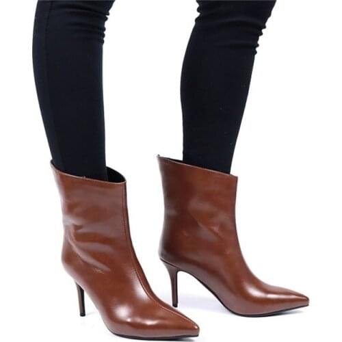 2021 New Brand Women Boots Fashion Super High Heels Ankle Boots Faux Leather Autumn winter Pointed Toe Boots black Calf Boots