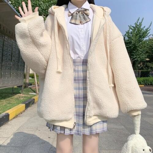 Winter Kawaii Women Teddy Coat Harajuku Cute Girls Lolita Plush Faux Fur Thick Warm Oversized Female Jacket Fleece Outerwear