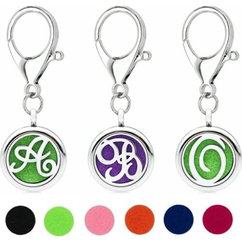 Initial Letter Key Chain Essential Oil Perfume Diffuser 25mm Magnetic Locket with Lobster Clasp Key Ring 5pcs Pads Free