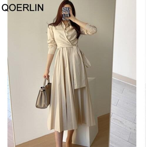 QOERLIN Minimalist French Elegant Lace Up Mid Length Dress Women White Pleated Dresses Long Sleeve A-Line Shirts Vestidos Mujer