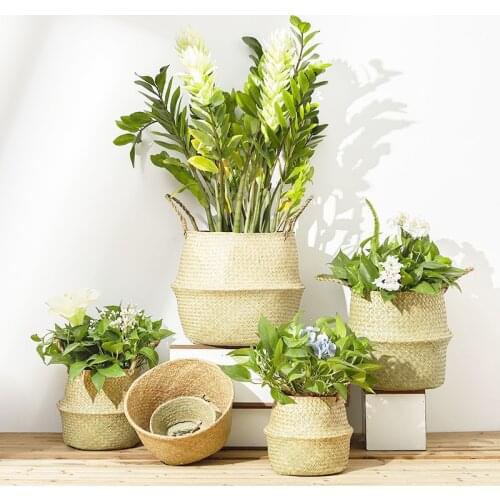 Wicker Basket Organizer Folding Rattan Seagrass Handmade Storage Basket Clothes Laundry Woven Basket Indoor Plant Flower Pot
