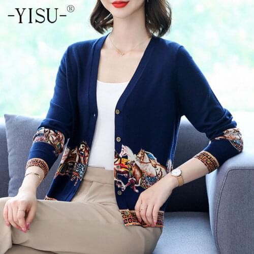 YISU Casual Sweater Cardigan Women Cardigan Long Sleeve V - Neck Single breasted 2021 New Printed sweater cardigan Sweater Coat