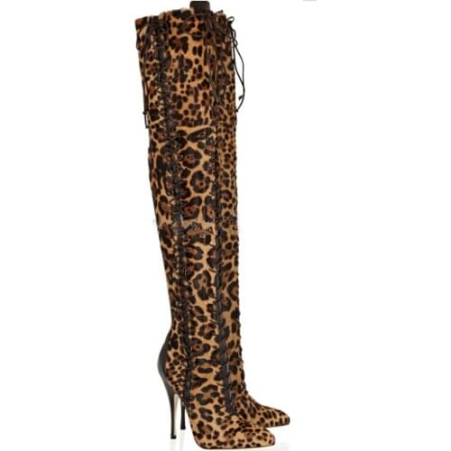 Real Picture Women Sexy Pointed Toe Leopard Suede Leather Over Knee Gladiator Boots Lace-up Long High Heel Boots Sexy Shoes