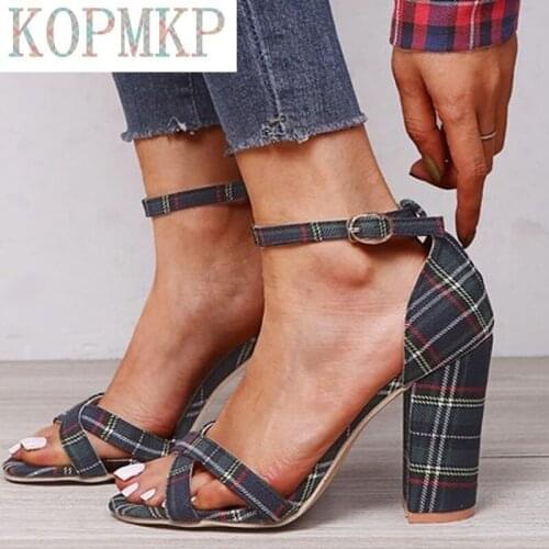 Women Fish Mouth Square High Heel Sandals Peep Toe Plaid Pattern Grace Sandals Cloth Vamp Fashion Outdoor Casual Sandals 35-43
