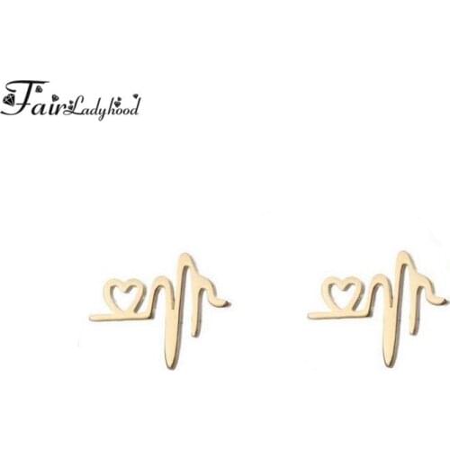 Fairladyhood ECG Ear Studs Stylish Golden Silver Color Stainless Steel Heartbeat Earrings For Women Girl Minimalist Jewelry 2018