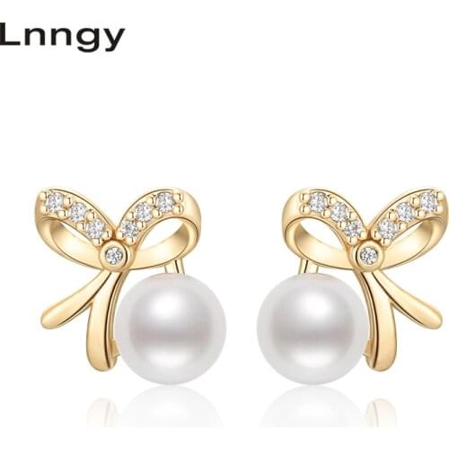 Lnngy New 14K Gold Filled Stud Earrings 6-6.5mm Natural Freshwater Pearl Bowknot Stud Earrings Women Party Earrings Fine Jewelry