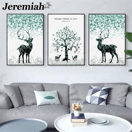 Modern Minimalist Green Leaf Animal Canvas Painting Deer Tree Landscape Poster Wall Art Nordic Living Room Home Decoration
