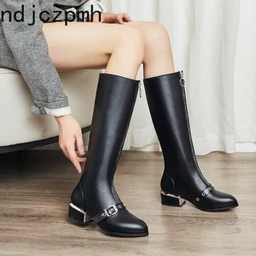 Womens Boots Autumn and Winter The New Fashion Pointed Zipper Metal Decoration Low-heeled High Tube Womens Shoes Size 30-43