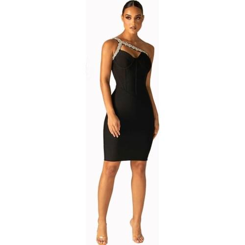 2021New Sexy Womens Mini Irregular One Shoulder Collar Rhinestone Decorated Shoulder Strap Bodycon Bandage Dress Vestidos
