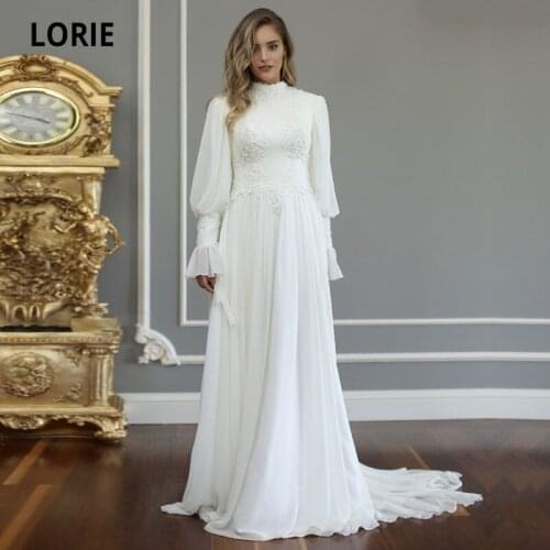 LORIE Arabic Wedding Dresses Puff Sleeve Appliques Lace Long Chiffon Vintage Muslim Boho Bride Gown 2021 vestidos de novia