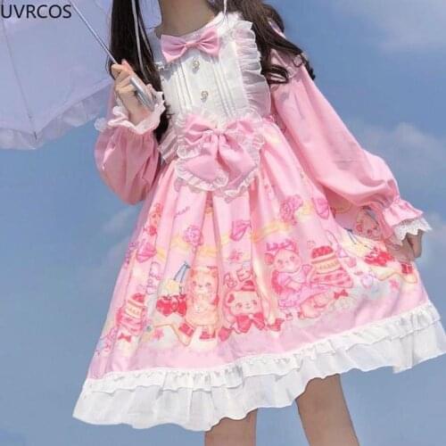 Fashion Sweet Lolita Peter Pan Collar Dress Women Victorian Vintage Party Long Sleeve Dress Cute Cartoon Pattern Princess Dress