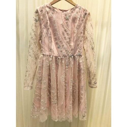 2021 Fashion Women Dress A-Line Mini O-Neck Sequin Beading Long Sleeve Party Club Vintage Robes Vestidos Harajuku Sweet Korean