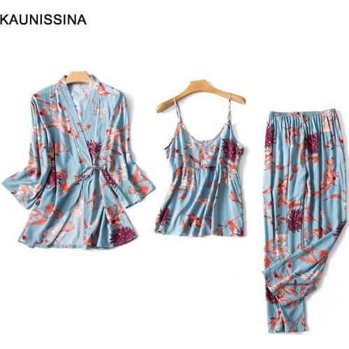 3PCS Sleepwear Set Women Silk Satin Summer Pajamas Soft Long Sleeve Floral Loose Pajama Kimono Robe Homewear Sets