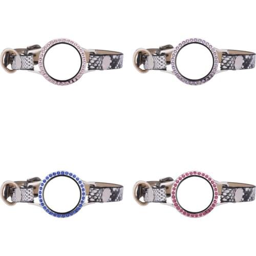 5pcs/lot 25mm Different Color Crystals Glass Locket 23CM Snake white Single Wrap PU Leather Bracelet Wristband Jewelry Supplies