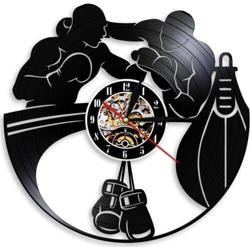 Boxing Fighting Sports GYM Decor Vinyl Record Wall Clock Boxing Gloves Punching Bag Infighters Wall Watch Boxers Scrappers Gift