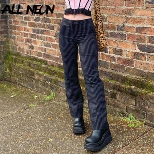 ALLNeon Indie Black Striped Slim Y2K Pants E-girl Vintage High Waist Straight Pants 90s Fashion Streetwear Casual Trousers Fall