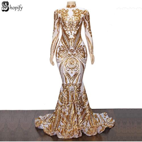Long Prom Dresses 2020 Elegant High Neck Long Sleeve Gold Sequin Lace African Women White Mermaid Prom Dress Party