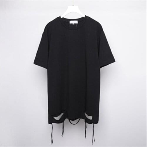 Mens Short Sleeve T Shirt Spring And Summer New Solid Color Round Collar Loose Casual Short Sleeve T Shirt Hem Hole Design