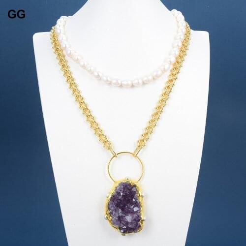 GG Jewelry Natural Freshwater White Rice Pearl Chain Necklace Purple Amethysts Druzy Pendant 17" Necklace Office Style For Women