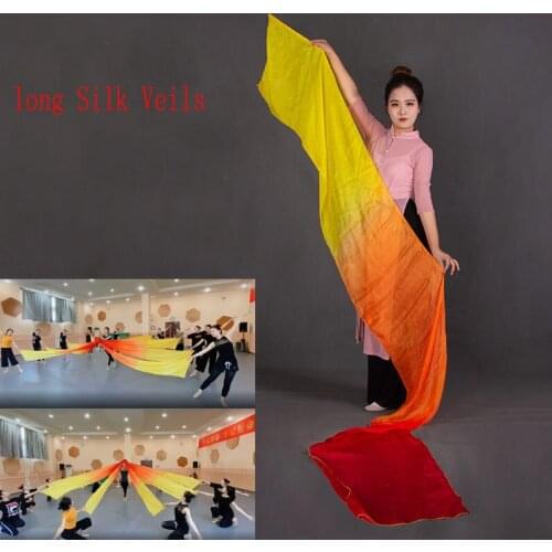 Customized 3M/4M long Silk Veils Gradient color 100% real silk Veil Throwing-Scarf Stage Show silk Ribbon Veils