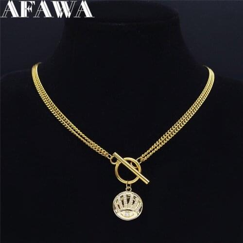 Islam Turkey Eyes Copper Crystal Stainless Steel Chain Necklace Women Gold Color Round Necklaces Jewelry collar dorado NPW2S02