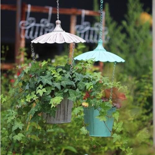 Outdoor Wrought Iron Umbrella Hanging Flower Pot Accessories Courtyard Garden Pastoral Figurines Crafts Park Vase Decoration Art