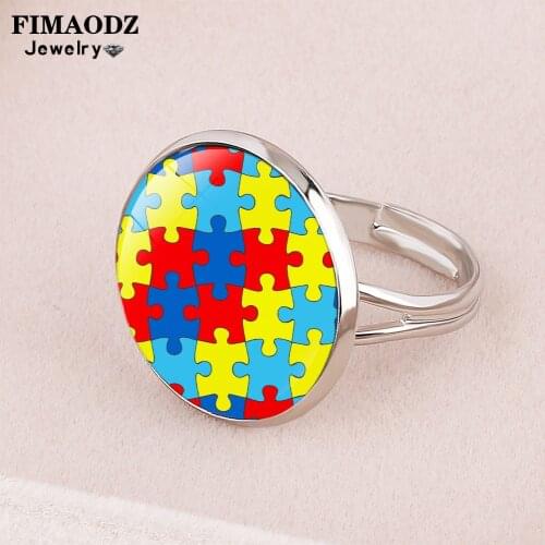 FIMAODZ Autism Awareness Ring Colorful Puzzle Piece Ribbon Glass Photo Cartoon Rings for Kids Men Women Family Gift Hope Jewelry