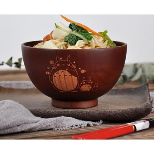 Creative Cartoon wooden bowl Eco Friendly Fruit Salad Noodles Rice home tableware Totoro wooden bowl spray paint Japanese style