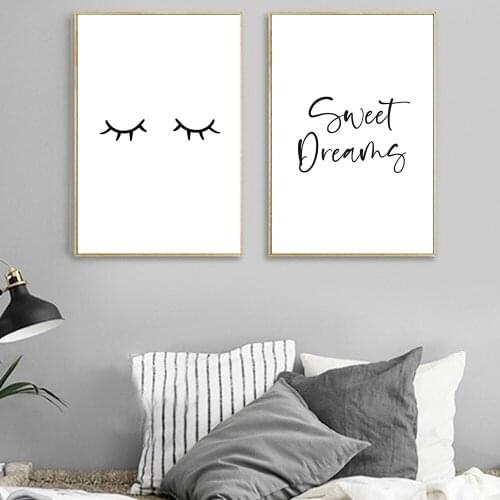 Minimalist Black and White Sweet Dreams Quotes Lashes Canvas Painting Nursery Posters Prints Wall Picture for Bedroom Home Decor