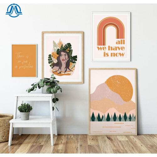Boho Living Room Wall Decor Orange Canvas Pictures Posters and Prints Fashion Vintage Girl Sunset Rainbow Photo Art Decoration