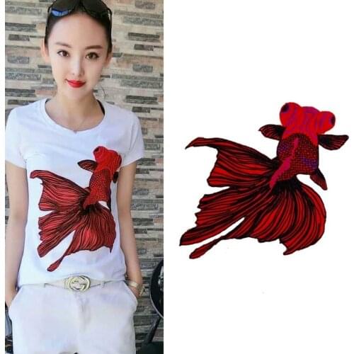 New Arrival Red Carp Fish Embroidery Fabric Large Applique Patch African Lace Sew Dress Cloth Decorate Accessory Diy
