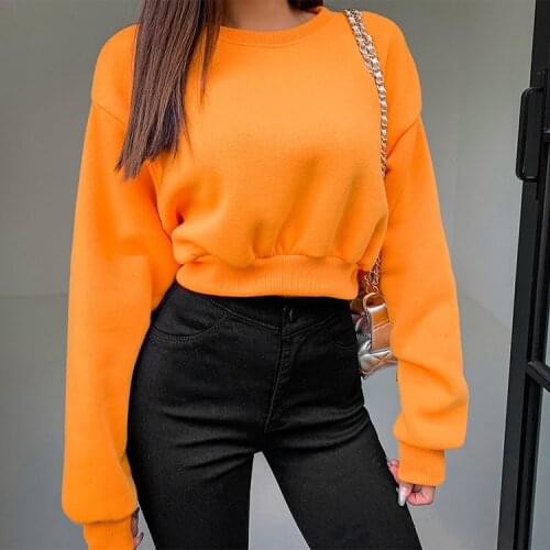 Autumn New Products Womens Womens Thick Solid Color Round Neck Pullover Short Navel Long-Sleeved Sweater T-shirt