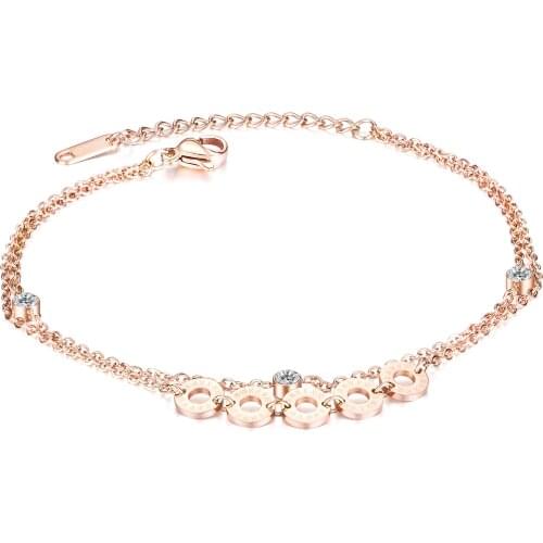 FAMI Double-layer titanium steel anklet zircon chain Rose Gold Simple versatile Roman numeral foot ornaments Bracelet on the leg