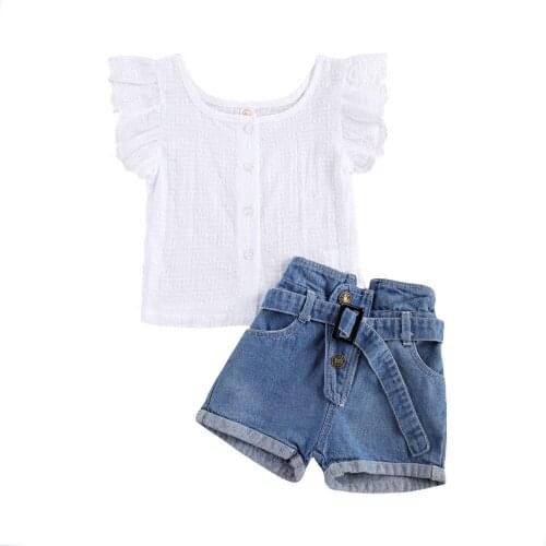 1-6Y Summer Kids Girls Clothes Outfits Lace Ruffles Fly Sleeve T-Shirt White Tops+Denim Shorts with Belt 2Pieces Girl Streetwear