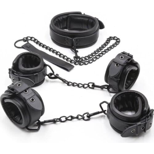 Couples Toys Sex Toys Bond Set Genuine Leather Three-piece Black Sex Toys Handcuffs Cuffs