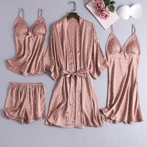 Fdfklak Black/Pink Dot Silk Pajamas For Women Suits Pijama Feminino Spring New 4 Piece Summer Set Women Sexy Sleepwear