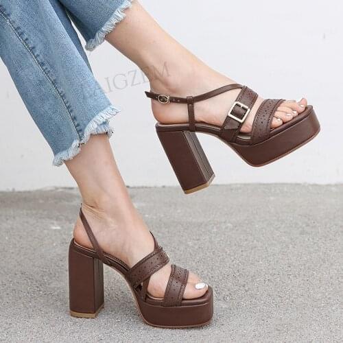 LAIGZEM SUPER Women Sandals Genuine Leather 10CM Chunky Heels Sandals Summer 2021 Shoes Woman Sandalias Verano Big Size 33 39 40