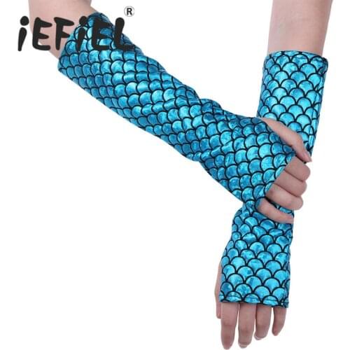 Women Female Mermaid Fish Scale Pattern Printed Fingerless Long Gloves Arm Sleeves Adult Halloween Cosplay Costume Accessory
