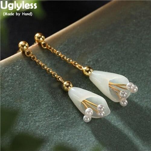 Uglyless 100% Natural Pearls Earrings for Women Real Gold 925 Sterling Silver Flowers Dangle Earrings Real Jade Floral Jewelry