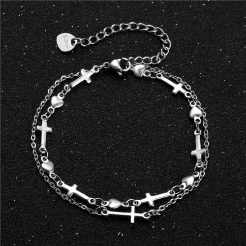 Double Layer Link Chain Stainless Steel Charm Bracelet for Women Love Heart Jesus Cross Charm Bracelet Girls Wrist Hand Jewelry