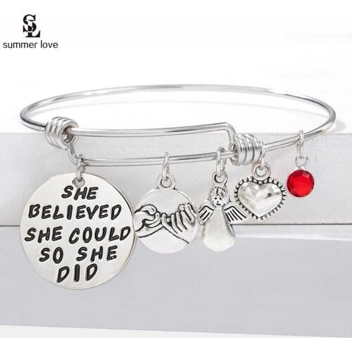 Fashion Silver Color Stainless Steel Expandable Wire Bangle for Women Heart Birthstone Inspirational Charms Bracelets Jewelry