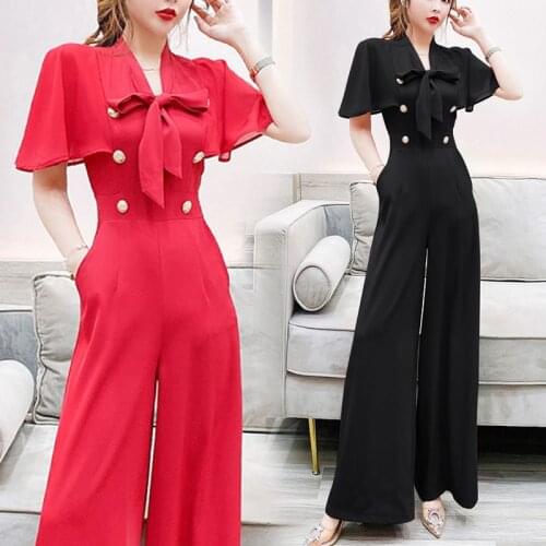 Office Lady Shawl Short Sleeve High Waist Bows V-Neck Chiffon Straight Wide Leg Jumpsuit Women Overalls 2021 Summer jumpsuits