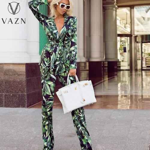 VAZN 2021 Autumn High-end Print Chiffon Set Young Sexy Elegant Full Sleeve Shirt Long Wide Leg Pants Slim 2PCs Set Women Suits