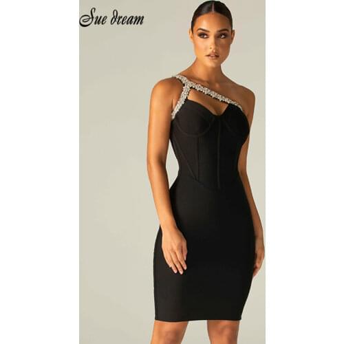 Sexy One Shoulder Diamond Hollow Bodycon Bandage Dress Elegant Crystal Strap Celebrity Club Party Black Dress vestido