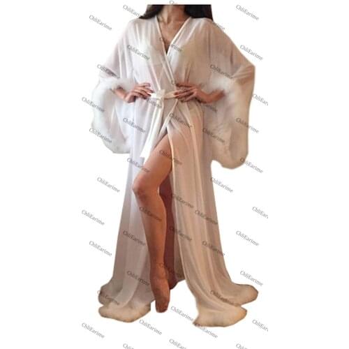 Womens sexy feather collar see-through robe
