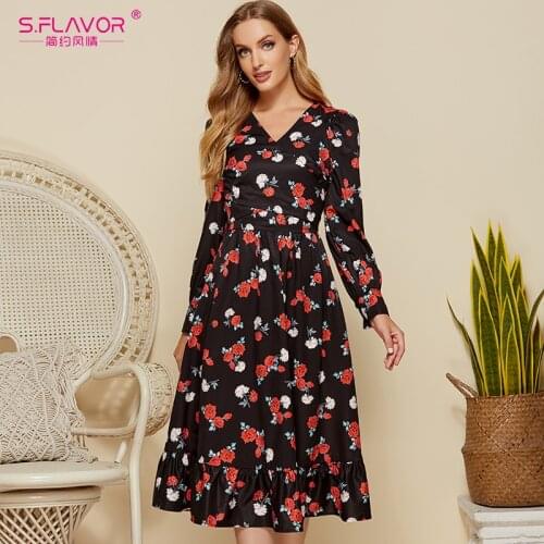 S.FLAVOR Women V-neck Vintage Midi Dress Elegant Flower Printing Long Sleeve A-line Vestidos Autumn Winter Fashion Party Dresses