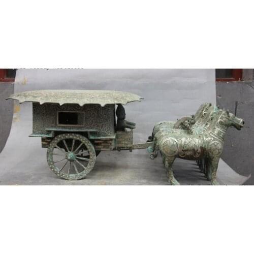 11 Chinese Dynasty Bronze Copper Silver-Gilt Horse Drawn Cart Gharry Statue Set