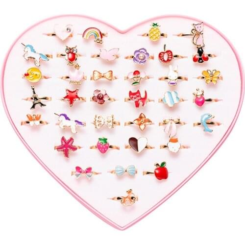 36pcs/PACK Cute Kids Heart Flower Animals Rings Mixed Korean Style Alloy Child Cartoon Rings Set Childrens Day Jewelry With Box
