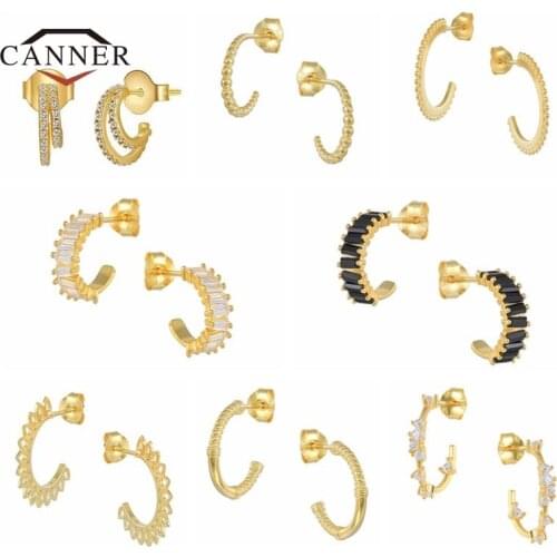 CANNER 100% 925 Sterling Silver Small C-shaped Diamond Stud Earrings for Women Piercing Earring Silver 925 Jewelry Pendientes